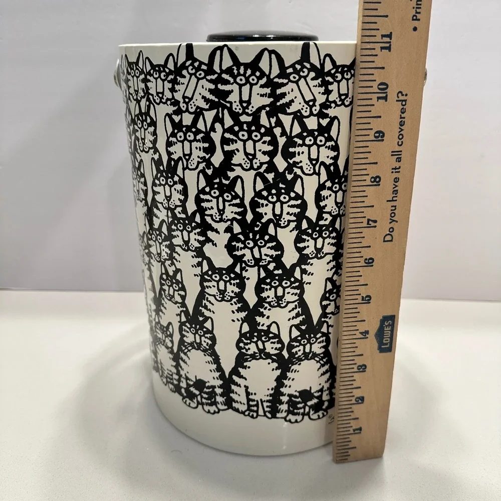 Vintage B Kliban Cat Crowd Ice Bucket White Black Retro Barware Insulated Lid